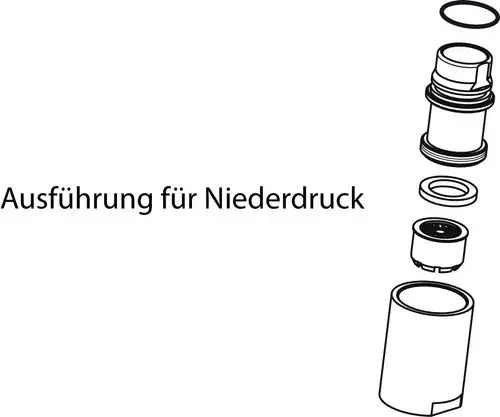 Explosionszeichnung eines Teilsystems von Ideal Standard für eine Handbrause, ausgelegt für Niederdruck. Einzelne Komponenten schematisch dargestellt.